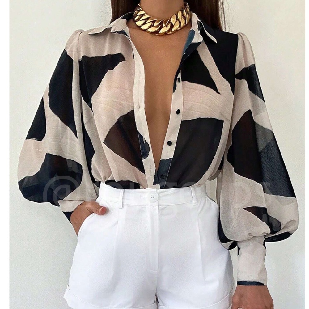 Beige Sheer Abstract Print Button Up Shirt Long Bishop Sleeve